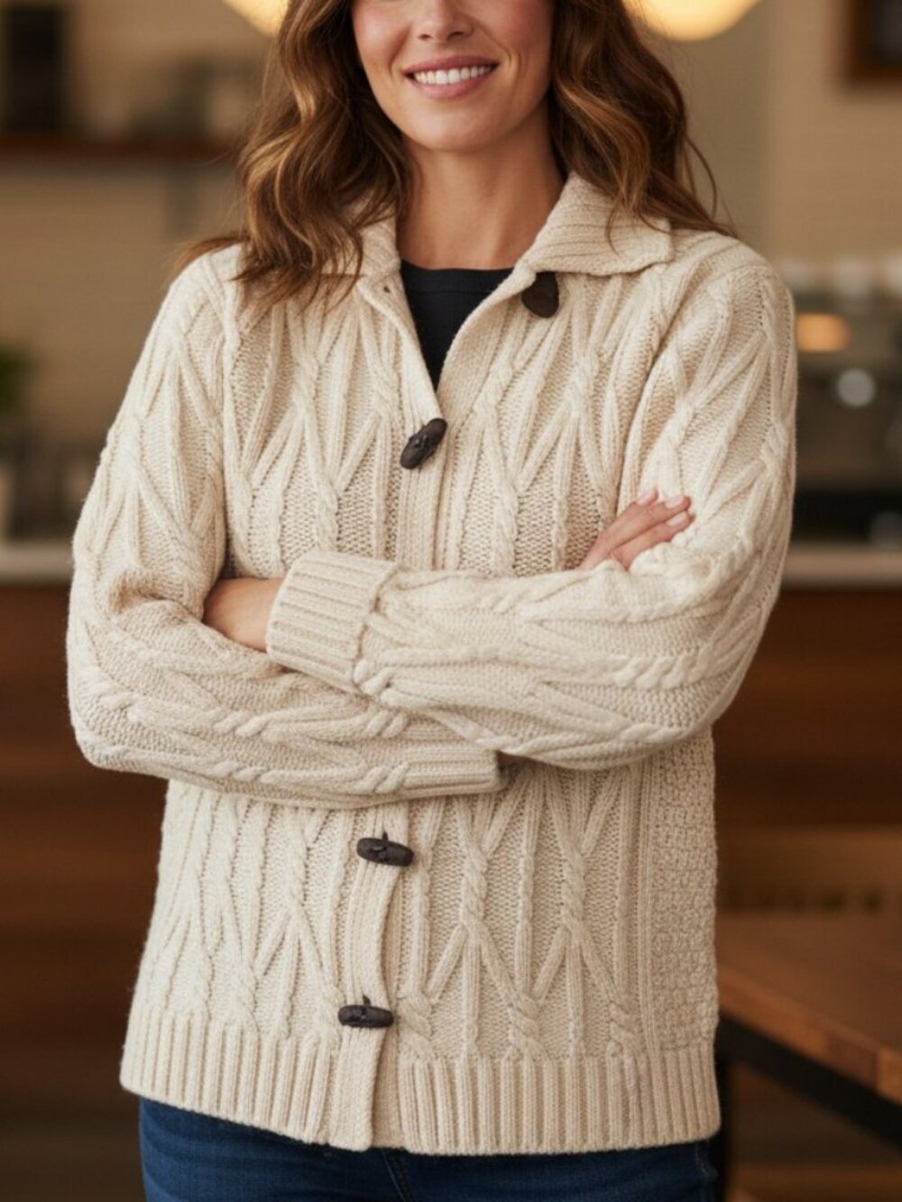Aran Crafts wool cardigan Large cream cable knit ivory